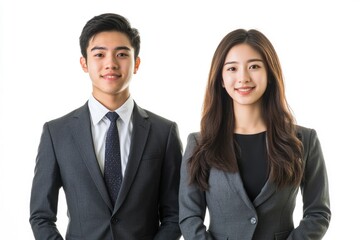 Photo of two young Asian business people on white background with generative ai