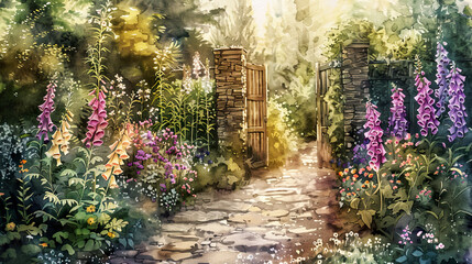 Fototapeta premium Realistic watercolor of a lush English garden, blooming foxgloves, stone pathway, wooden gate, warm afternoon light