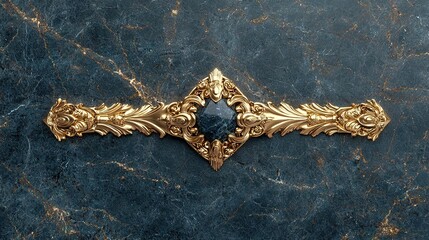   A dark blue marble surface with a gold filigree brooch featuring a blue stone at its center