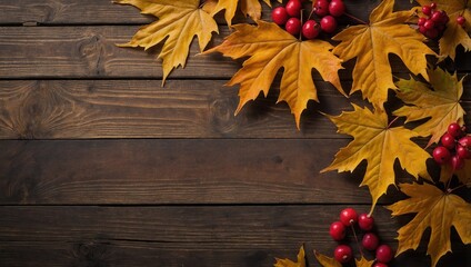 Obraz premium Top view of Autumn maple leaves with Pumpkin and red berries on old wooden background. Thanksgiving day concept