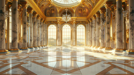 Obraz premium Luxurious baroque palace ballroom with a shiny marble floor is bathed in warm sunlight