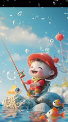 Naklejka premium A cute 3D character, an Asian person, is fishing on a boat during an outdoor recreational activity. The scene captures a relaxed and playful moment, combining nature and leisure in a charming way.