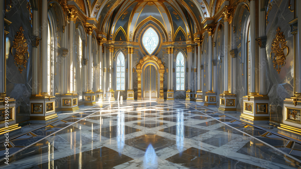 Poster sunlight shining through large windows illuminating an empty palace ballroom with marble tiled floor