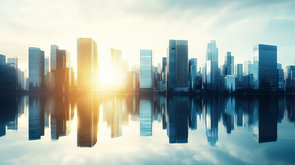 A city skyline is reflected in the water, with the sun setting in the background