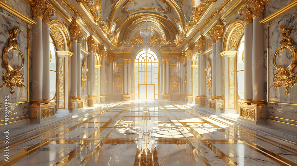 Canvas Prints Luxurious ballroom with sunlight shining through large windows and illuminating marble floor