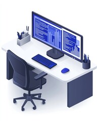 Modern Corporate Environment with Digital Notifications and Supervision Tools in Blue and White Tones - Vector Illustration