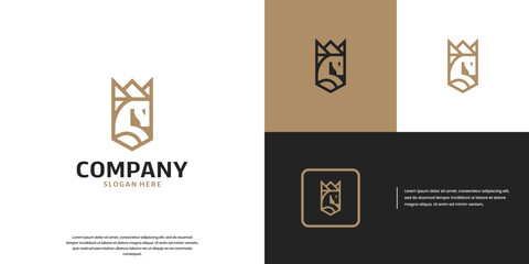 horse shield with crown , glory , logo design vector.