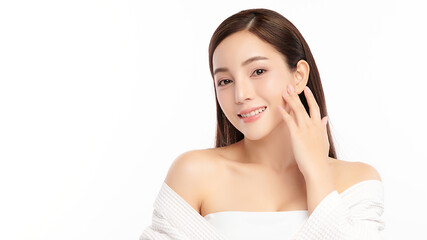 Beautiful young asian woman with clean fresh skin on white background, Face care, Facial treatment, Cosmetology, beauty and spa, Asian women portrait.