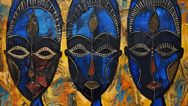 Bantu Brilliance - art, masks, tribal, blue, African, faces, traditional, culture, sculpture, ethnic, artistic, handmade, decorative, vibrant, colorful, abstract, heritage