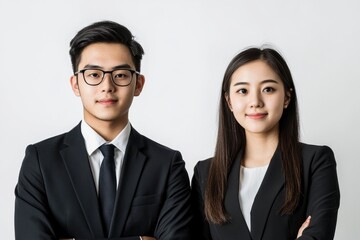 Photo of two young Asian business people on white background with generative ai