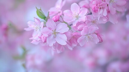   A cherry tree is blooming with pink flowers, while a blurry background is visible beyond it