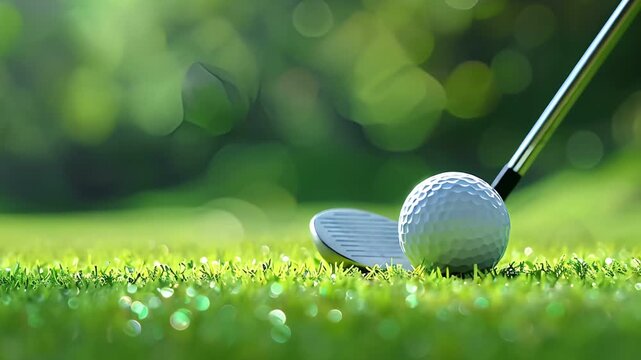 A golf club poised to strike a golf ball on a lush green fairway. The sun shines brightly in the background.