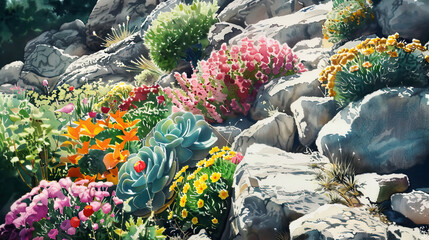 Realistic watercolor of a rock garden, colorful blooms, succulents, bright morning light ,Ultra-High Detail, Ultra-Realistic