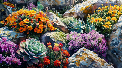 Realistic watercolor of a rock garden, colorful blooms, succulents, bright morning light ,Ultra-High Detail, Ultra-Realistic