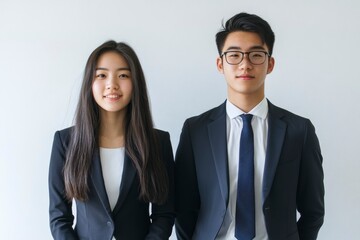 Photo of two young Asian business people on white background with generative ai