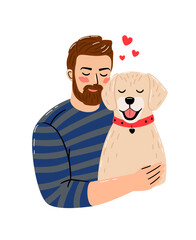 Kind man hugs dog. Relaxing friendship of kid and pet with hearts isolated on white background, vector illustration