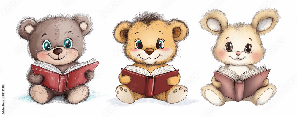 Wall mural set of cute animals reading a book. cute watercolor cartoon character bear, lion, hare reading a boo