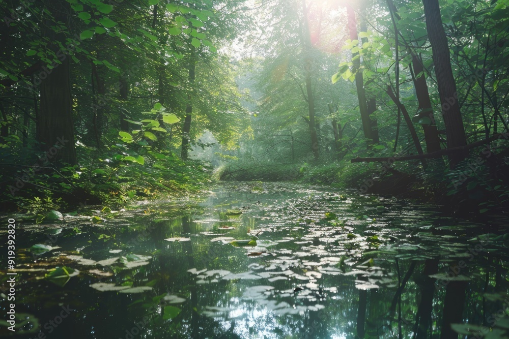 Poster a serene forest with a small pond in the center surrounded by trees and foliage