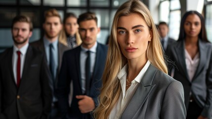 A young businesswoman and her team of emerging leaders, confidently posing in a futuristic office environment, symbolizing the evolution of leadership in the family business.