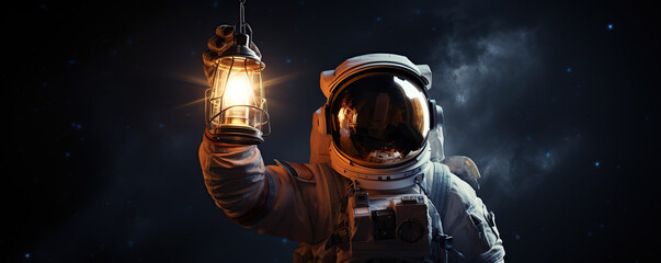 Fototapeta premium An astronaut exploring a dark lunar landscape while holding a glowing lantern during a space mission