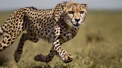 Fototapeta premium A sleek cheetah in mid-sprint across the savannah, its powerful muscles and intense gaze highlighting its incredible speed and agility.
