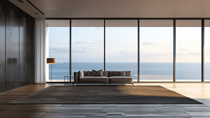 Luxurious and spacious living room is featuring panoramic ocean views with the sun setting over the horizon