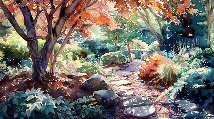 Realistic watercolor of a shade garden, Japanese maple, astilbes, gentle sunlight ,Ultra-High Detail, Ultra-Realistic