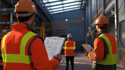 Generate a photo realistic image of workers inspecting safety equipment before use, with inspection checklist, equipment testing, and equipment maintenance records visible