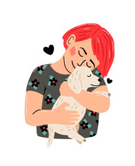 Little girl hugs puppy. Relaxing friendship of kid and pet with hearts isolated on white background, vector illustration