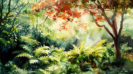 Realistic watercolor of a shade garden, Japanese maple, lush ferns, soft morning light ,Ultra-High Detail, Ultra-Realistic