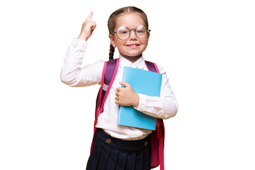 Little girl with school backpack pointing finger up, idea concept.