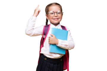 Little girl with school backpack pointing finger up, idea concept.