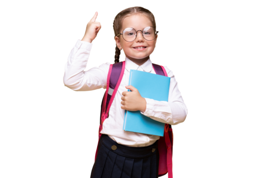 Little girl with school backpack pointing finger up, idea concept.