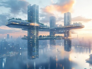 Fototapeta premium surreal depiction of office buildings levitating in mid-air, with interconnected bridges and platforms, representing innovative and futuristic business environments.