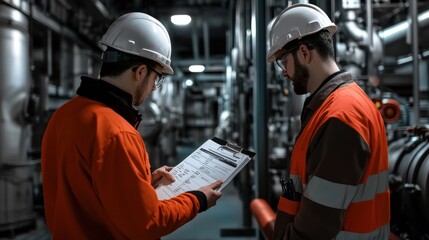 Generate a photo realistic image of workers inspecting safety equipment before use, with inspection checklist, equipment testing, and equipment maintenance records visible