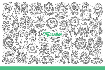 Microbes and bacteria inhabit human body and carry dangerous diseases. Microbes and parasites in form of little monsters with funny faces spreading viral epidemics. Hand drawn doodle