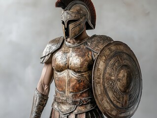  warrior dressed in ancient Greek armor, holding a shield and wearing a helmet with a crest.