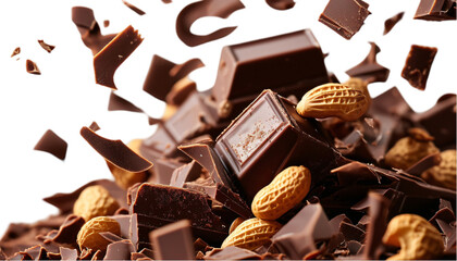 Chocolate pieces falling with chocolate flakes in the air isolated on transparent background, png.