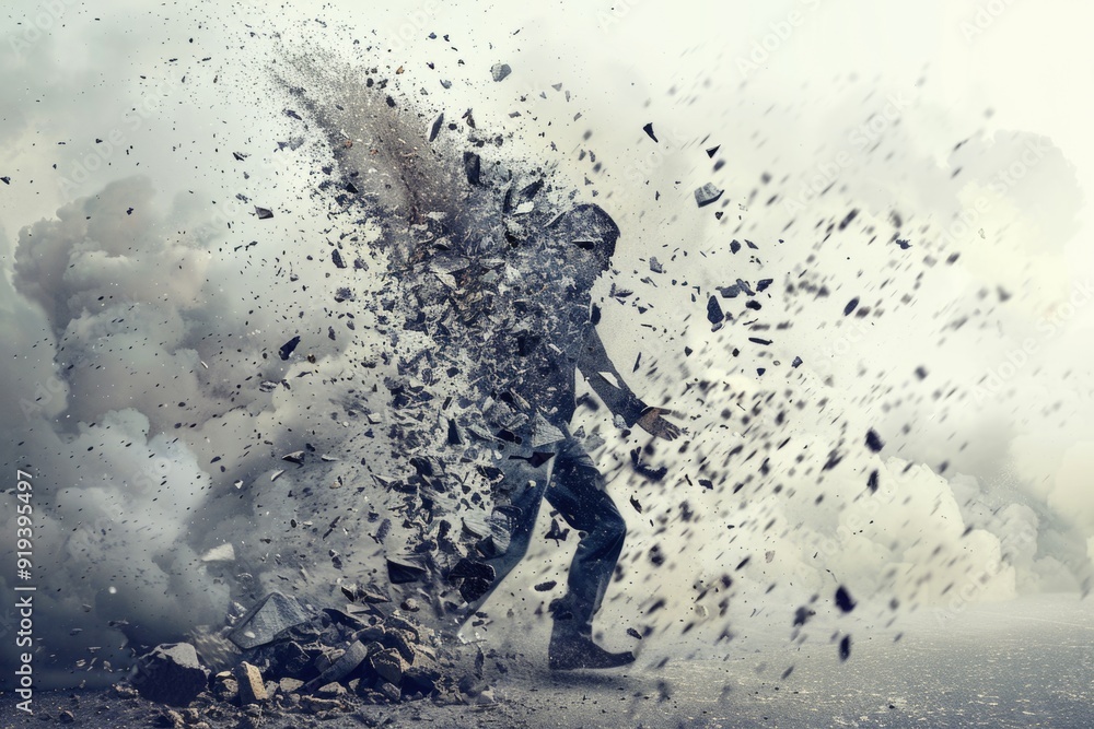 Poster A person standing near a pile of debris with broken buildings and destroyed structures in the background