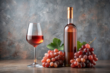 Obraz premium Rose wine in a glass, bottle of wine and grapes on a stone dark table. Selective focus, copy space.