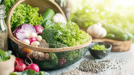   A basket brimming with many green veggies sits near a mound of lentils and radishes atop a wooden table