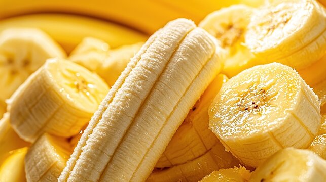 A wooden cutting board with two piles of sliced bananas sitting nearby - Powered by Adobe