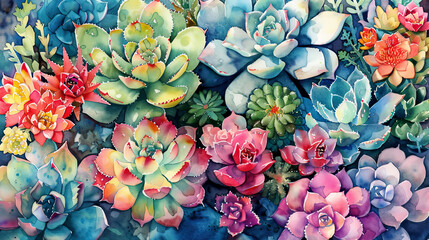 Realistic watercolor of a succulent garden, colorful cacti, sedum, crassula, bright morning light ,Ultra-High Detail, Ultra-Realistic