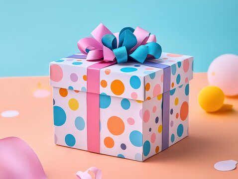  cheerful gift box with colorful patterns and birthday-themed embellishments, designed to celebrate a birthday.