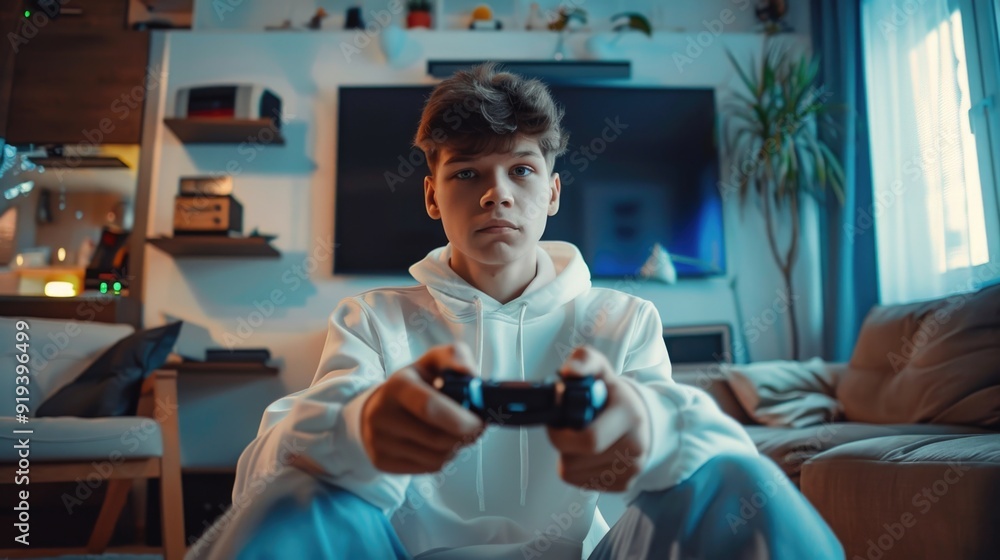 Poster man playing video games on a couch, relaxed and focused