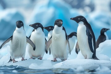Obraz premium Group of Adelie penguins standing on an ice floe in the Southern Ocean with distant glaciers and blue water, typical of Antarctic marine life.