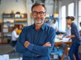 Fototapeta premium Businessman in casual outfit, arms crossed, smiling at camera, team in blurred office background.
