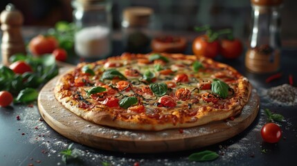 Freshly baked pizza on a wooden platter, topped with tomatoes, basil, and chili flakes.