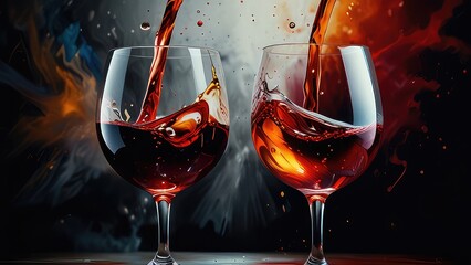Two glasses of red and white wine collide in a dance