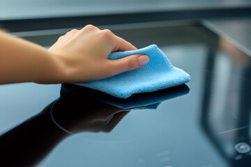 Woman polishing an induction cooktop with a blue microfiber cloth.